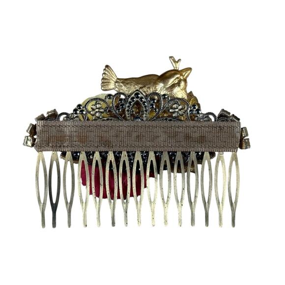 Gold Bird Floral Hair Comb Autumn Rose Bridal Boho Vintage-Inspired Accessory - Picture 5 of 5